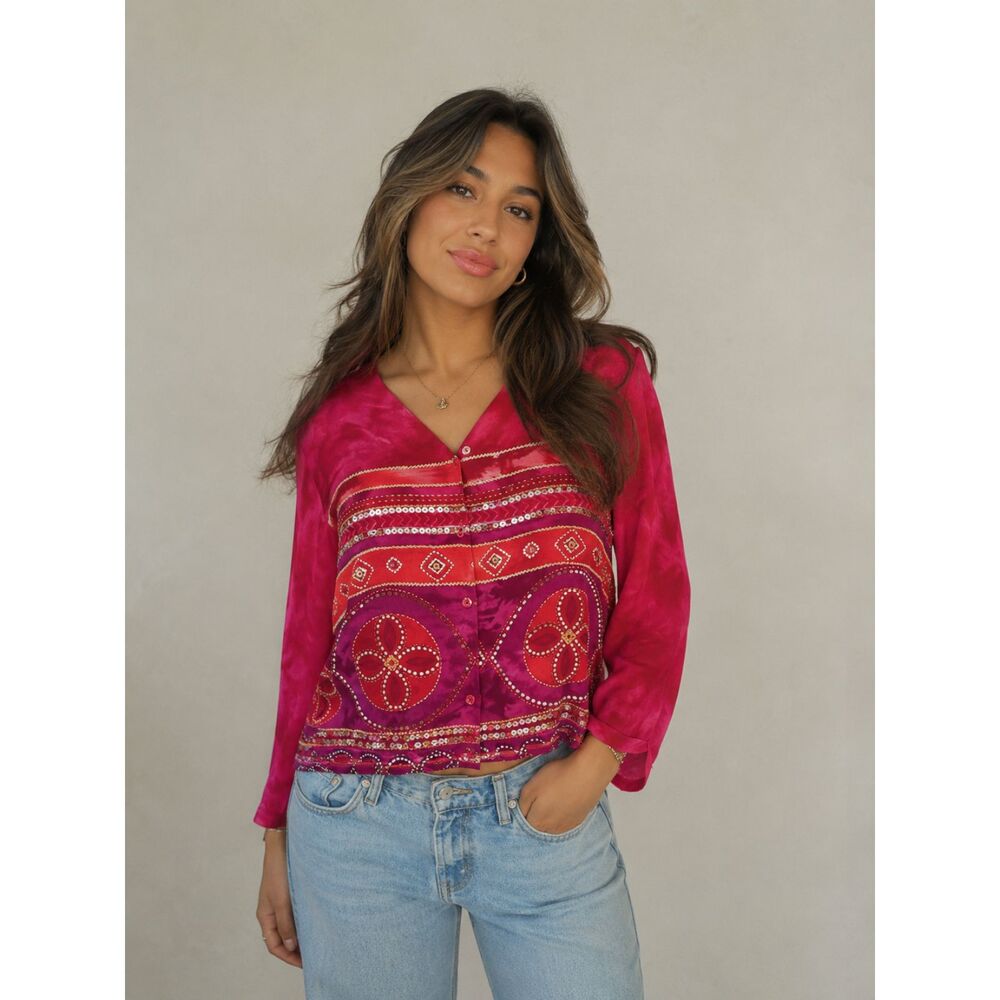 Vintage Silk Art to Wear Sequin Long Sleeve Button Up Top 90s Artsy Y2K Blouse